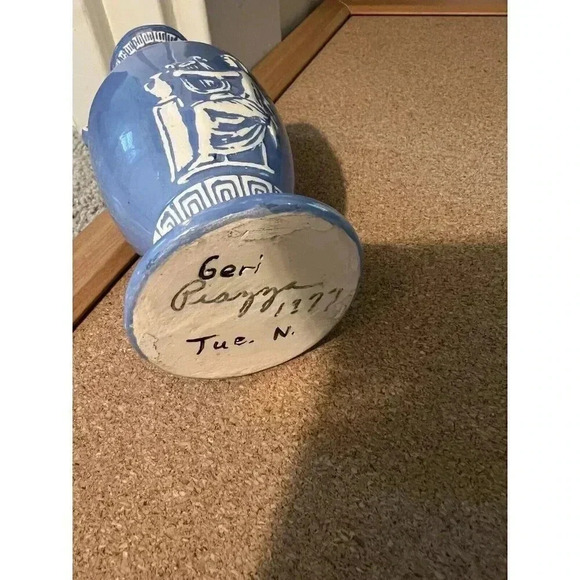 Vintage Greek Inspired Blue Handmade Vase 1977 Woman Playing Music - Picture 3 of 6